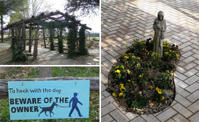 Top left photo: The arbor in Joyce Jay’s garden. Bottom left photo: A touch of whimsy in the Jay garden. Right photo: Stylish inlaid flowerbeds on the porch.