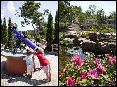Left photo: Early-bird kids get a sneak preview of some of the 150 interactive exhibits, like this giant kaleidoscope. Right photo: Water is one of the key themes of the garden, and water features can be found throughout.
