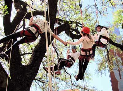 Giggling girls celebrate their climb to the top of the ropes by holding hands.