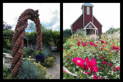 At the Antique Rose Emporium! The trademark terra cotta arch and the lovely chapel.
