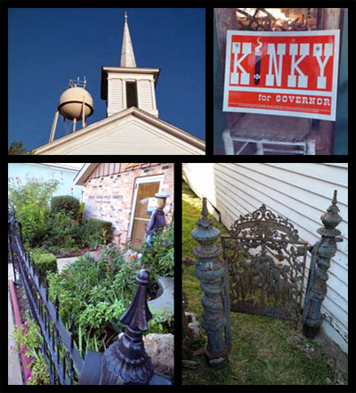 Top photos: You never know what you’ll discover in Chappell Hill. Bottom photos: Chappell Hill’s charming post office garden, and a great old gate.