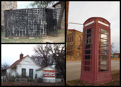 Top left photo: The portable prison. Bottom left photo: Classic Texas homestead in Palo Pinto. Right photo: Surprise! An old English telephone booth in Palo Pinto.
