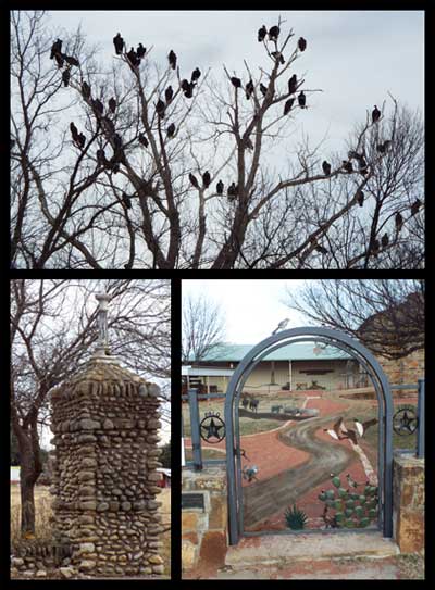 Top photo: Black vultures gather in Mingus. Bottom right photo: Amazing stone gates in Stawn. Bottom left photo: New gate to the olde village.