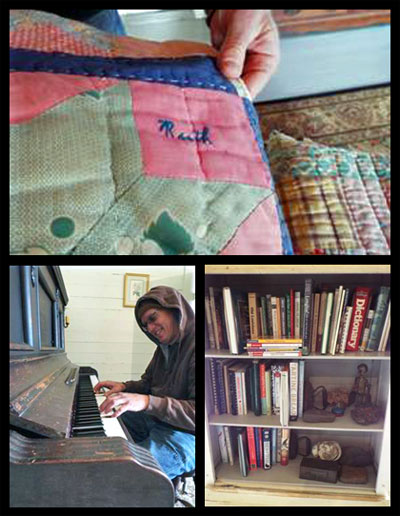 Top photo: Each treasured family blanket tells a story. Bottom left photo: Greg plays piano. Bottom right photo: One of many bookshelves around Greg’s house...note the flat iron book ends.