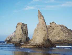 A knife-bladed rock rises more than 50 feet into the air at Bandon, Oregon.