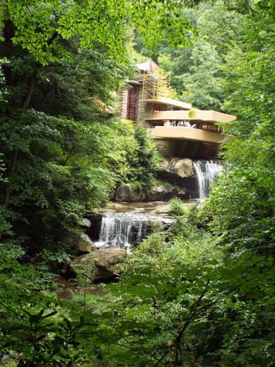 The iconic Fallingwater home by Frank Lloyd Wright. (Scaffolding is in place for roof repair.)