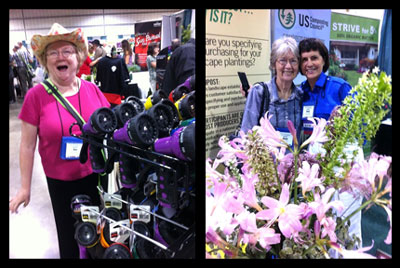 Left: Texas herb expert Ann McCormick is caught by surprise at the GWA trade show. Right: Texas garden writer Diane Morey Sitton poses with Virginia bulb queen Becky Heath, of Brent and Becky’s Bulbs. Both Ann and Diane are regular writers for Neil Sperry's GARDENS Magazine.