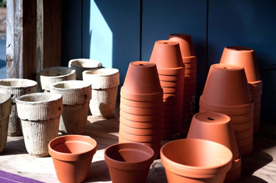 Terra cotta and concrete pots are still the standard. (Blue Moon Gardens in Chandler, photo from several years ago.)