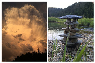 Amazing cloud formations and Steven’s little stone sculpture. Click for larger view of photos.