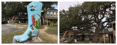 Left: Giant cowboy boot painted with Texas native plants. Right: Shopping under the stunning live oaks. Click image for larger view.