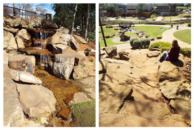 Waterfalls and stairs made of sandstone boulders create a naturalistic feel to the park.